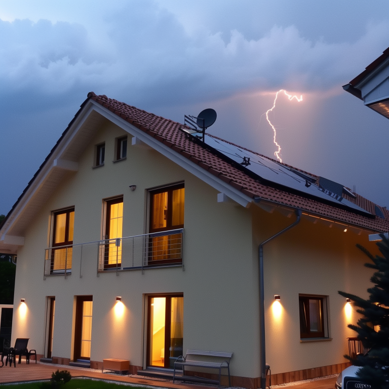 Ein modernes zweistöckiges Haus mit Satteldach bei Dämmerung. Innenlichter sind an, und der Himmel ist stürmisch mit einem Blitz im Hintergrund. Auf dem Dach sind Solarpaneele installiert.