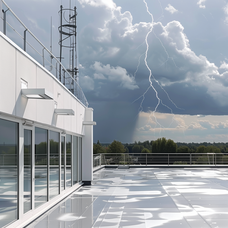 Ein modernes Gebäude mit Flachdach und großen Glasfenstern. Auf dem Dach befindet sich eine Funkantenne. Der Himmel ist bewölkt, und ein Blitz erhellt den Himmel im Hintergrund. Die Szenerie vermittelt ein Gefühl von urbaner Technologie und Naturgewalten.