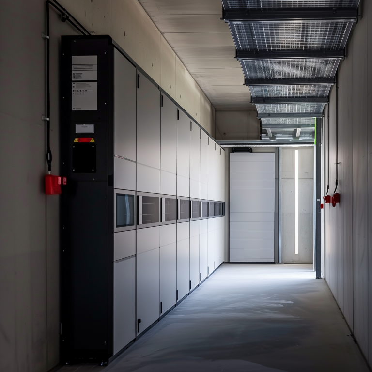 Ein moderner, gut beleuchteter Technikraum mit mehreren grauen Schaltschränken entlang der Wände. Der Boden ist sauber und aus Beton, die Wände sind ebenfalls aus Beton gefertigt. An der Decke befinden sich Kabelkanäle und weitere technische Installationen. Der Raum scheint für die Unterbringung von Solarspeichersystemen oder ähnlicher Technologie vorgesehen zu sein. Am Ende des Raumes ist eine Tür zu sehen, durch die Tageslicht einfällt, was auf eine Verbindung zum Außenbereich hindeutet.